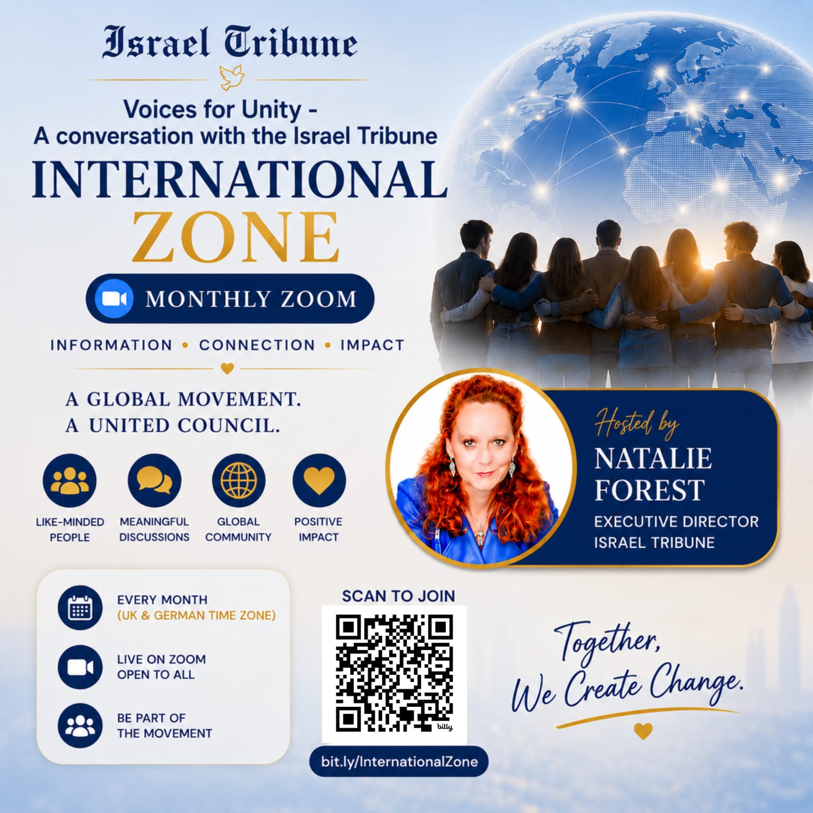 Israel Tribune Voices for Unity flyer for the International Zone monthly Zoom, hosted by Natalie Forest, Executive Director, Israel Tribune.