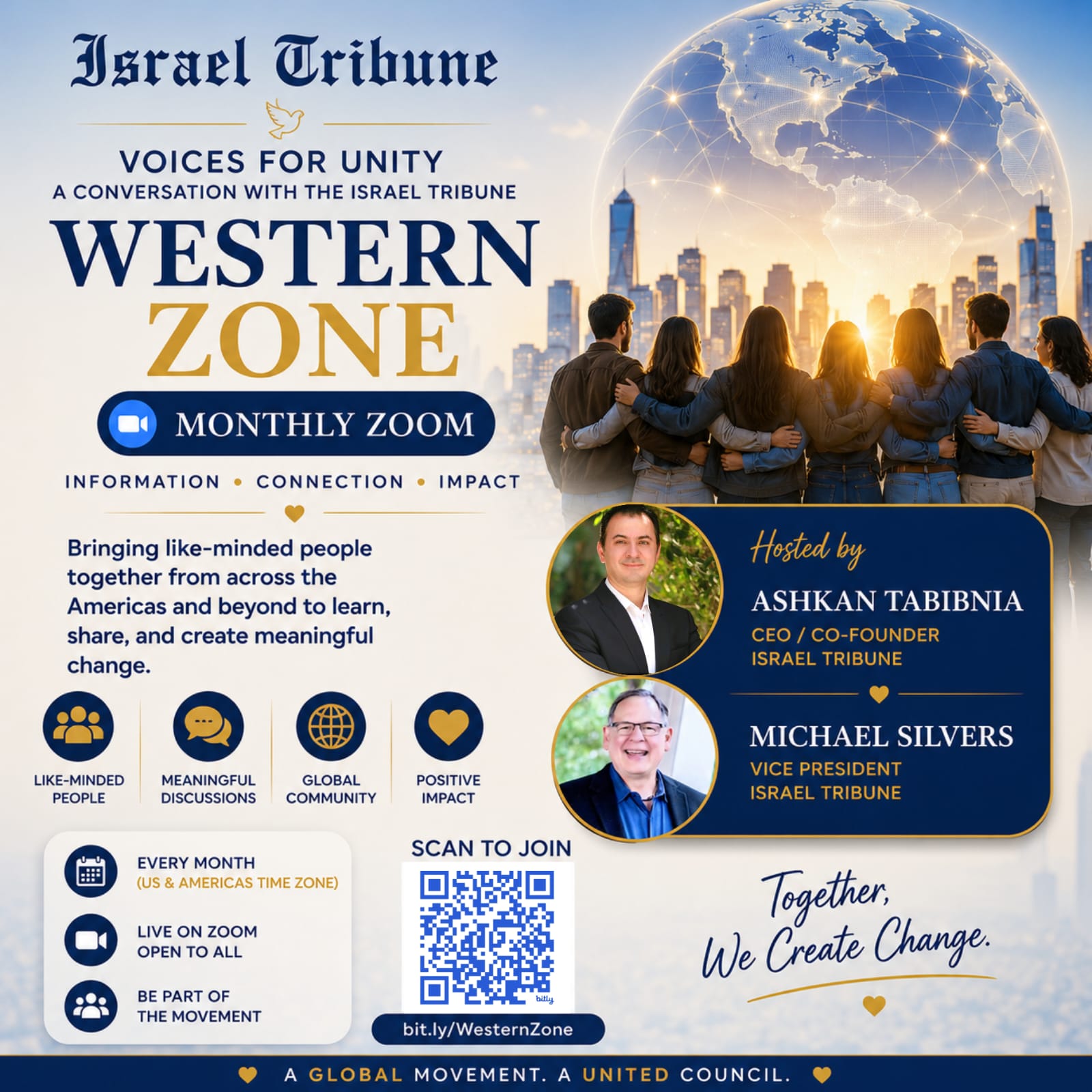 Israel Tribune Voices for Unity flyer for the Western Zone monthly Zoom, hosted by Ashkan Tabibnia, CEO/Co-Founder, and Michael Silvers, Vice President, Israel Tribune.