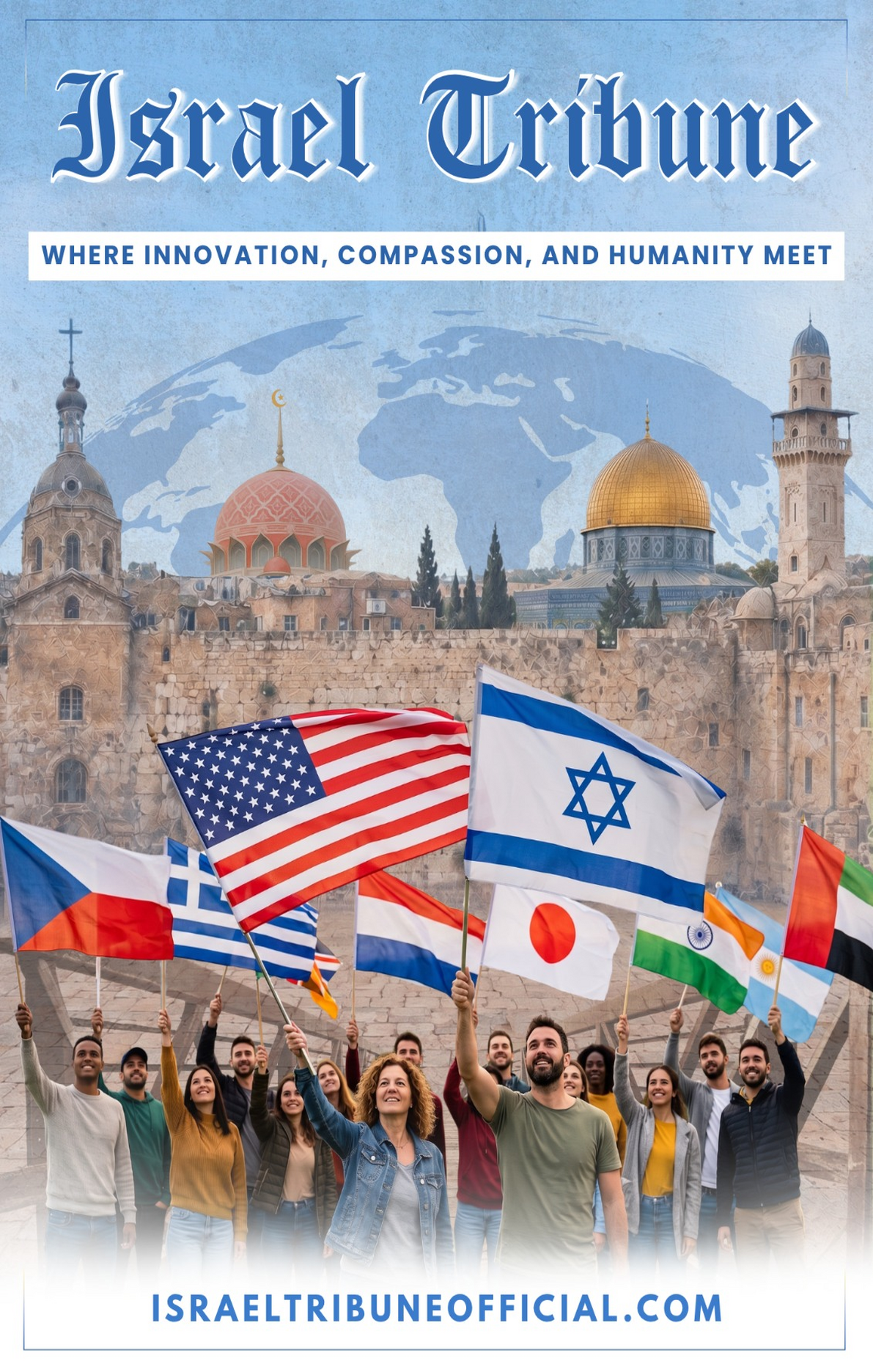 Israel Tribune poster: people from around the world holding flags in front of the Jerusalem skyline, with the tagline where innovation, compassion, and humanity meet